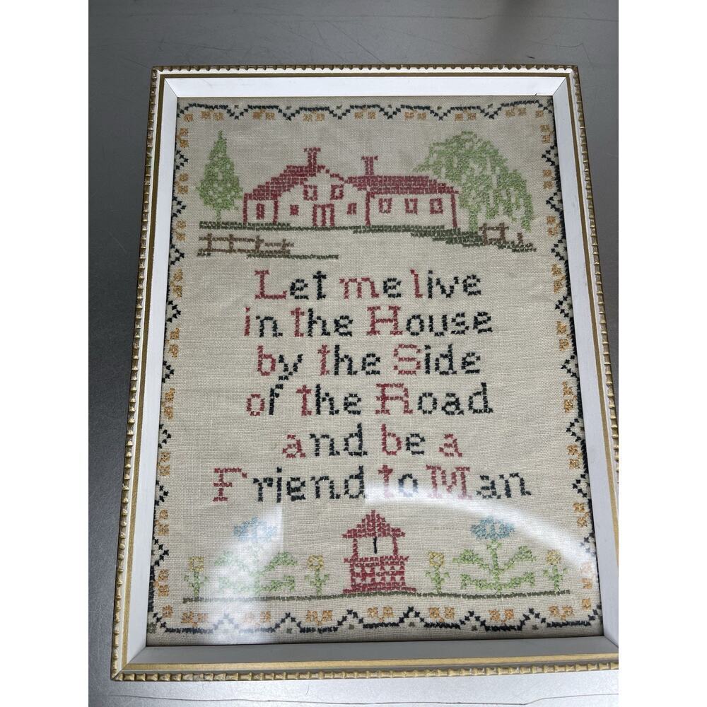 Antique Sampler Embroidery Hand Woven Cross Stitch Farmhouse Framed 1930s